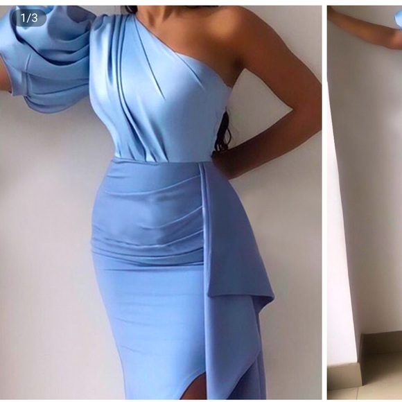 Dresses & Skirts - SOLD ‼️ One Shoulder Puff Sleeve Ruched Slit Dress